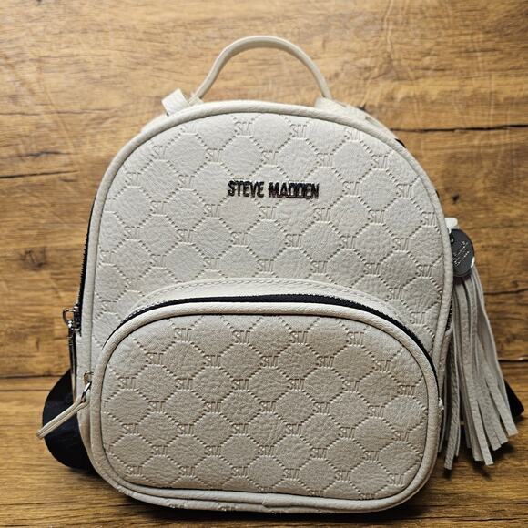 Steve Madden Mini quilted Tan Black Logo backpack purse 9in x 8in. - Picture 1 of 7